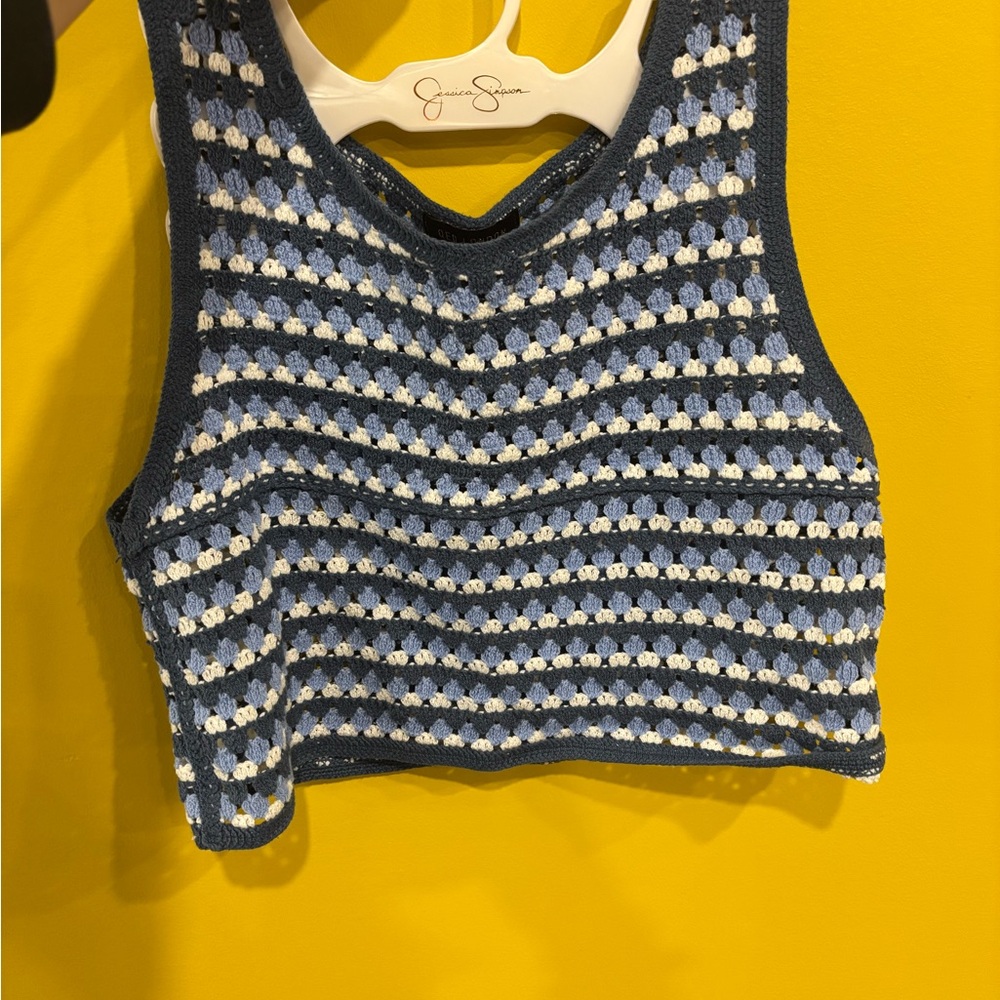 QED London Blue and White Crochet Crop Tank Top
